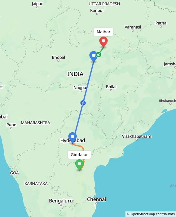 Route map showing distance and travel time from Giddalur, India to Maihar, India