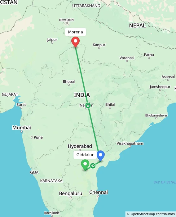 Route map showing distance and travel time from Giddalur, India to Morena, India
