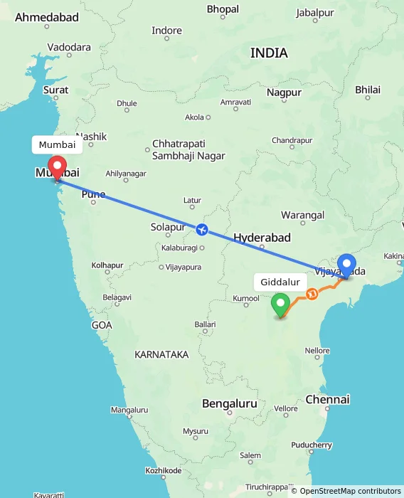 Route map showing distance and travel time from Giddalur, India to Mumbai, India