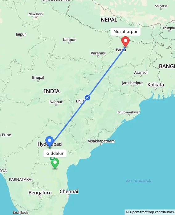 Route map showing distance and travel time from Giddalur, India to Muzaffarpur, India