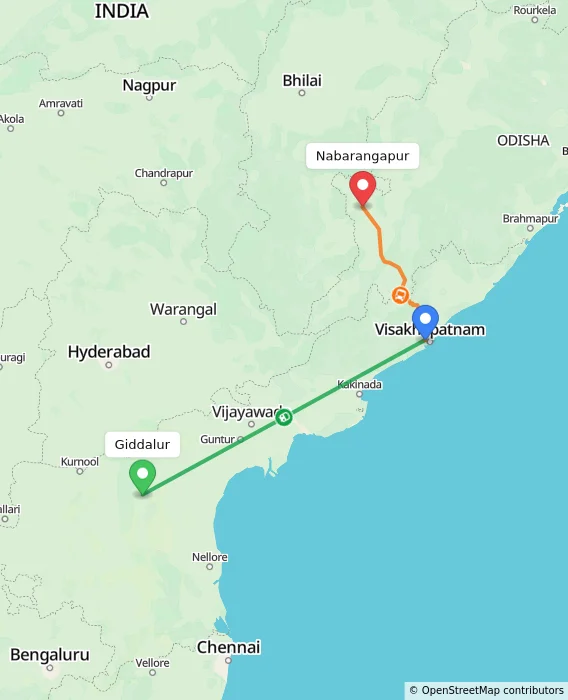 Route map showing distance and travel time from Giddalur, India to Nabarangapur, India
