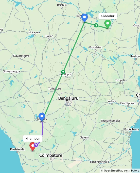 Route map showing distance and travel time from Giddalur, India to Nilambur, India