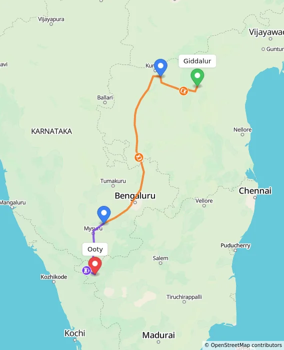 Route map showing distance and travel time from Giddalur, India to Ooty, India