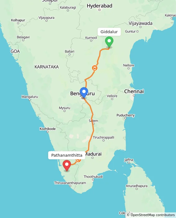 Route map showing distance and travel time from Giddalur, India to Pathanamthitta, India