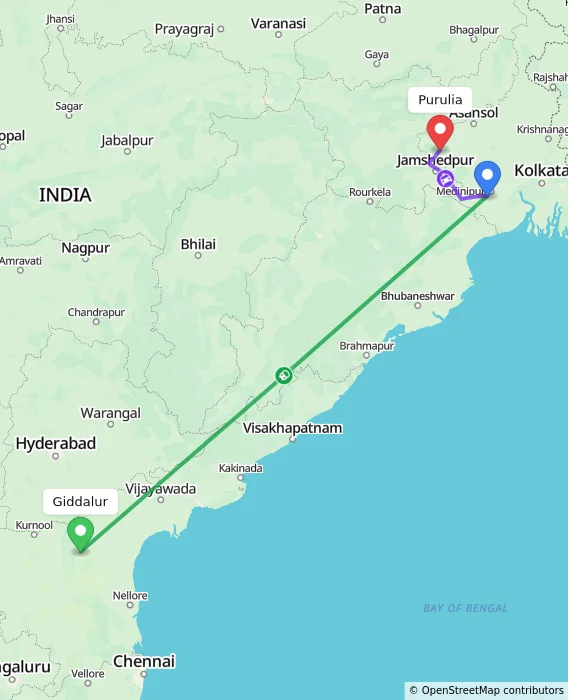 Route map showing distance and travel time from Giddalur, India to Purulia, India