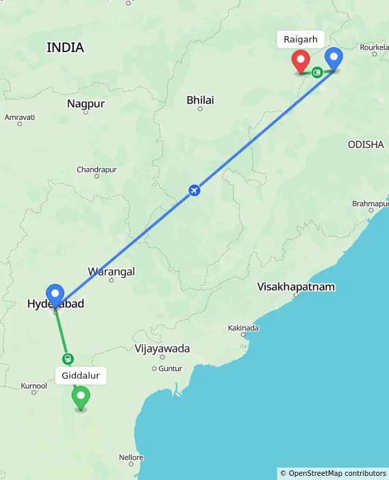 Route map showing distance and travel time from Giddalur, India to Raigarh, India