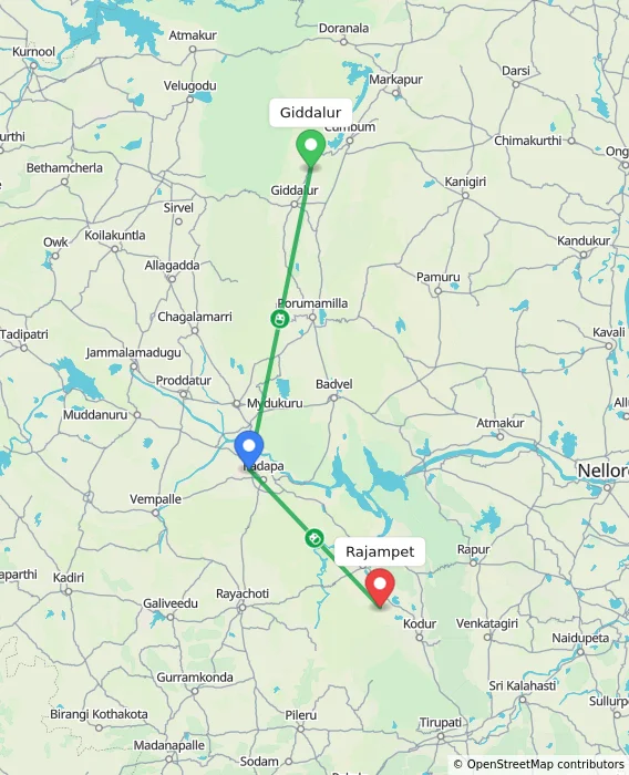 Route map showing distance and travel time from Giddalur, India to Rajampet, India