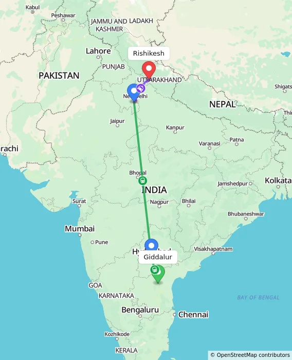 Route map showing distance and travel time from Giddalur, India to Rishikesh, India