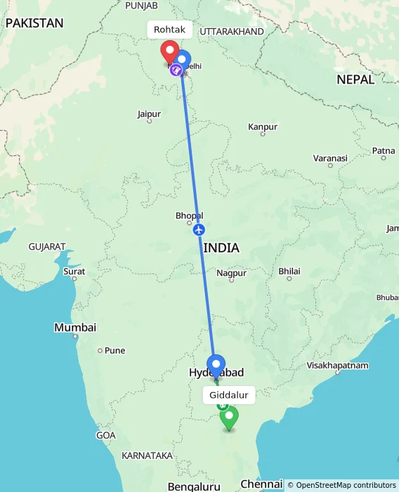 Route map showing distance and travel time from Giddalur, India to Rohtak, India