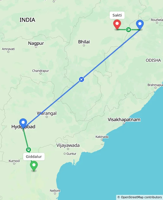 Route map showing distance and travel time from Giddalur, India to Sakti, India
