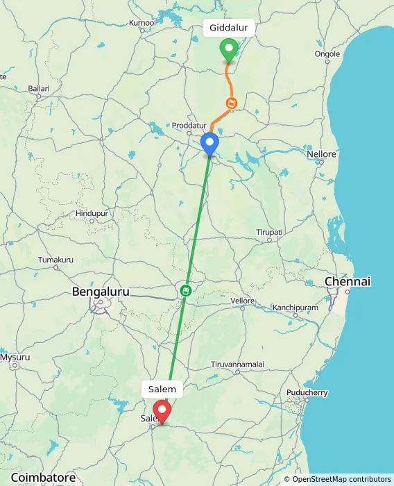 Route map showing distance and travel time from Giddalur, India to Salem, India