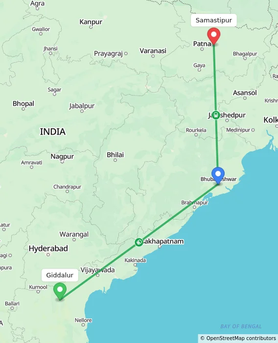 Route map showing distance and travel time from Giddalur, India to Samastipur, India