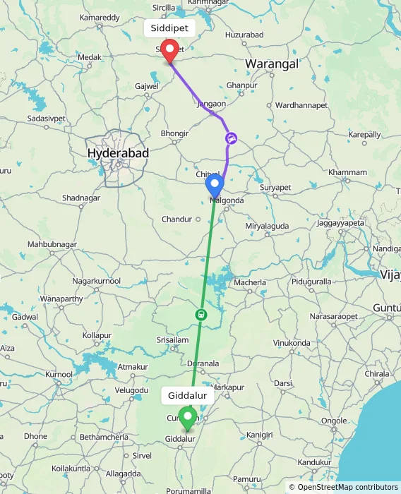 Route map showing distance and travel time from Giddalur, India to Siddipet, India