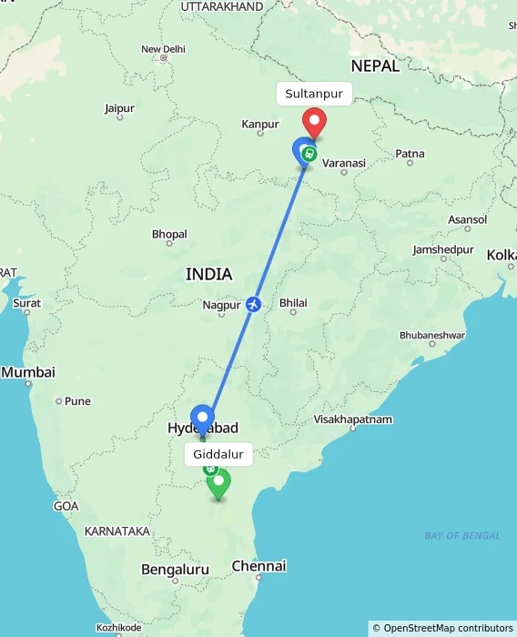 Route map showing distance and travel time from Giddalur, India to Sultanpur, India