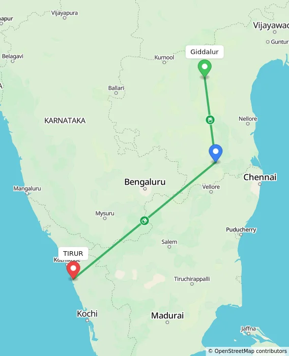 Route map showing distance and travel time from Giddalur, India to TIRUR, India