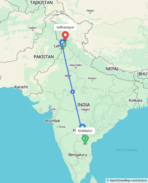 Route map showing distance and travel time from Giddalur, India to Udhampur, India