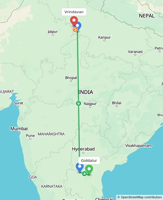 Route map showing distance and travel time from Giddalur, India to Vrindavan, India