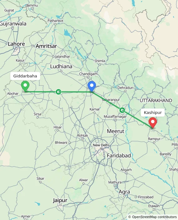 Route map showing distance and travel time from Giddarbaha, India to Kashipur, India