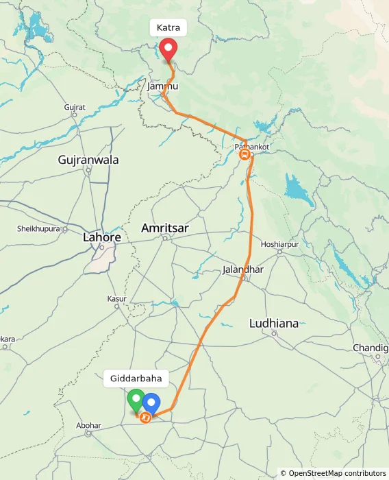 Route map showing distance and travel time from Giddarbaha, India to Katra, India
