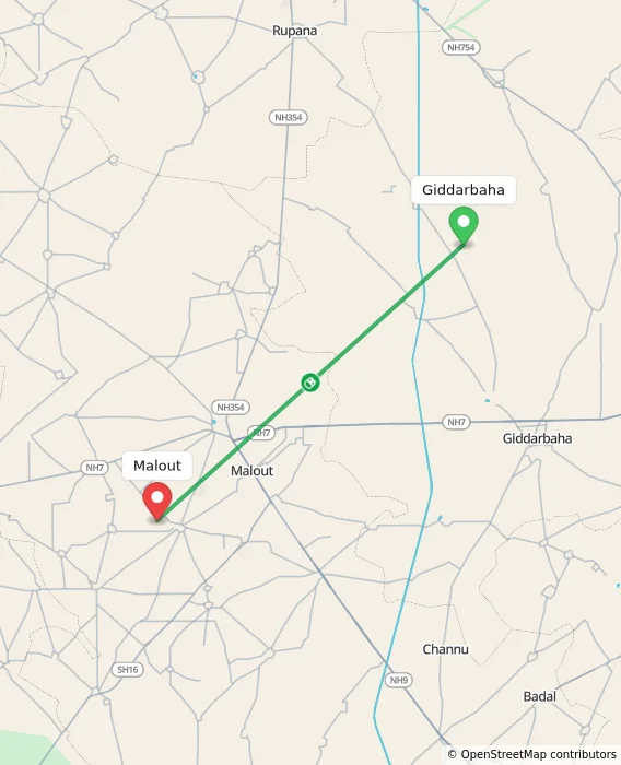 Route map showing distance and travel time from Giddarbaha, India to Malout, India