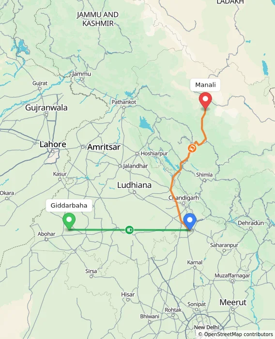 Route map showing distance and travel time from Giddarbaha, India to Manali, India