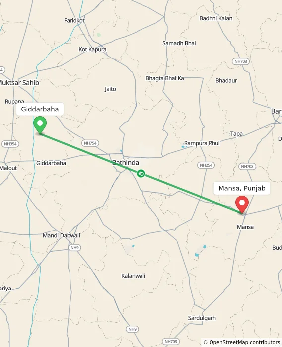 Route map showing distance and travel time from Giddarbaha, India to Mansa, Punjab, India