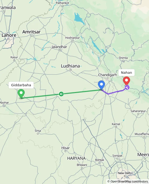 Route map showing distance and travel time from Giddarbaha, India to Nahan, India