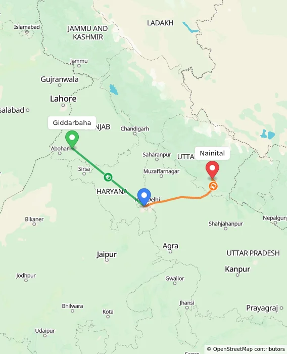 Route map showing distance and travel time from Giddarbaha, India to Nainital, India