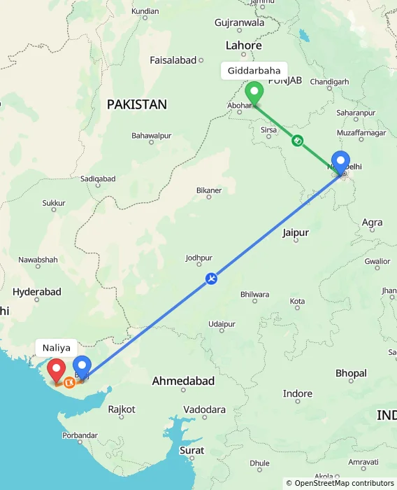 Route map showing distance and travel time from Giddarbaha, India to Naliya, India
