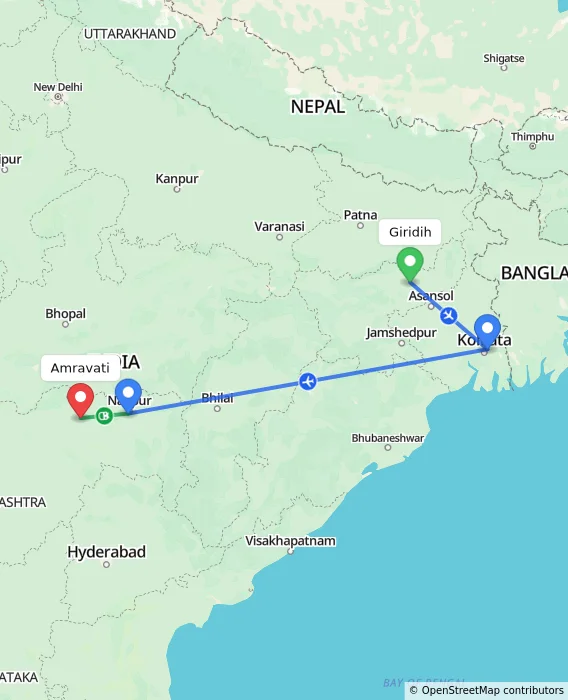 Route map showing distance and travel time from Giridih, India to Amravati, India