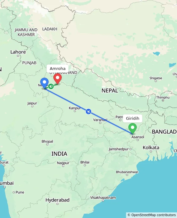 Route map showing distance and travel time from Giridih, India to Amroha, India