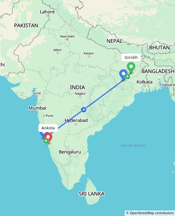 Route map showing distance and travel time from Giridih, India to Ankola, India
