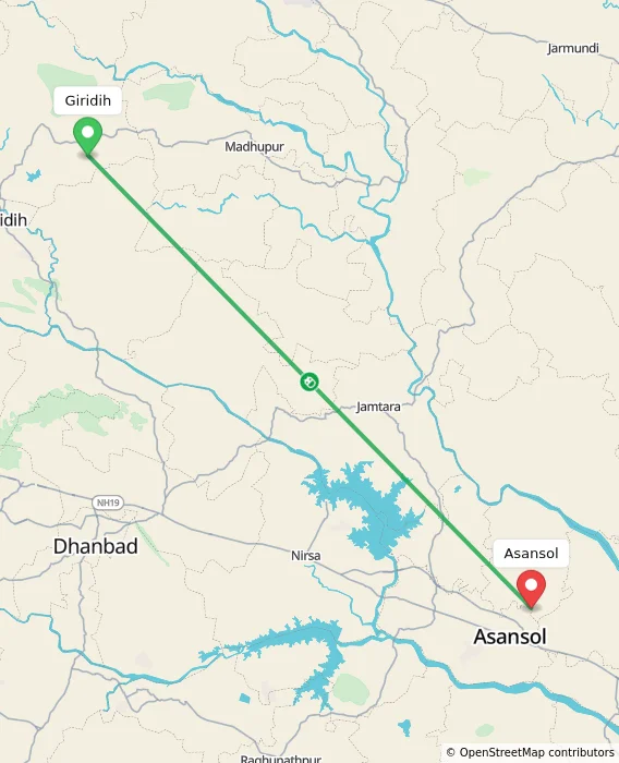 Route map showing distance and travel time from Giridih, India to Asansol, India