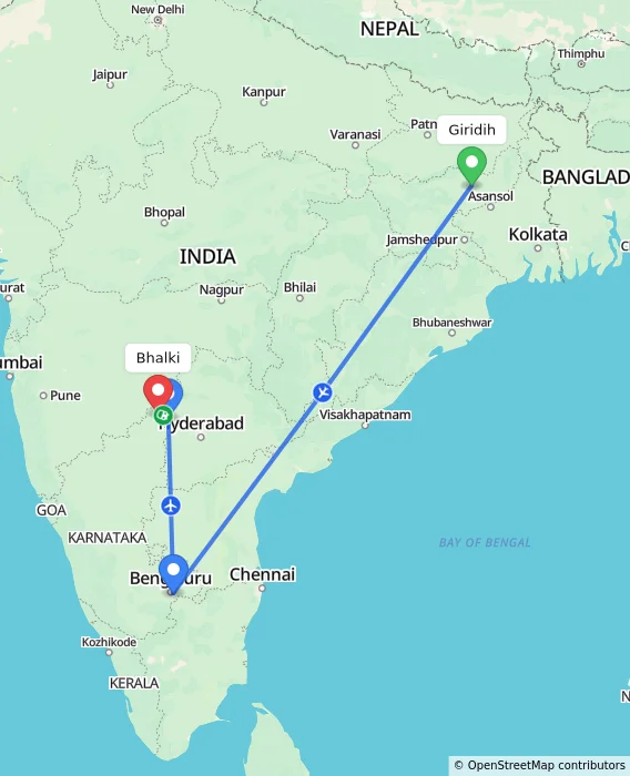 Route map showing distance and travel time from Giridih, India to Bhalki, India
