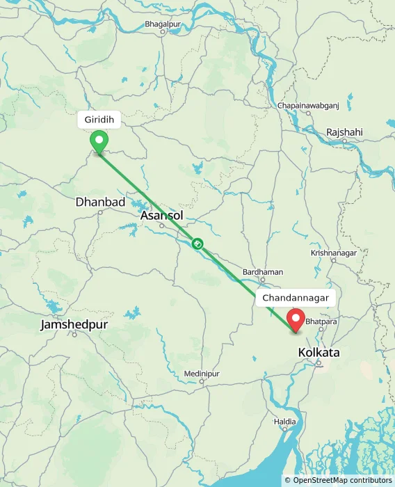 Route map showing distance and travel time from Giridih, India to Chandannagar, India