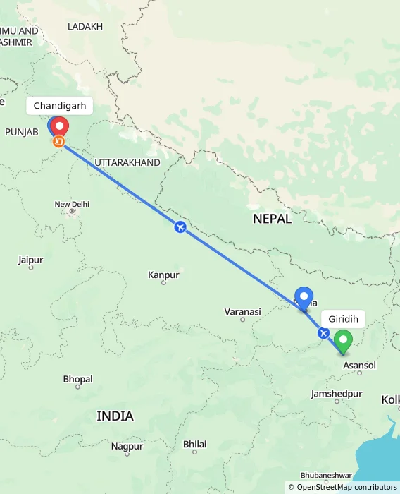 Route map showing distance and travel time from Giridih, India to Chandigarh, India