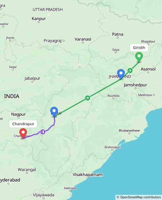 Route map showing distance and travel time from Giridih, India to Chandrapur, India