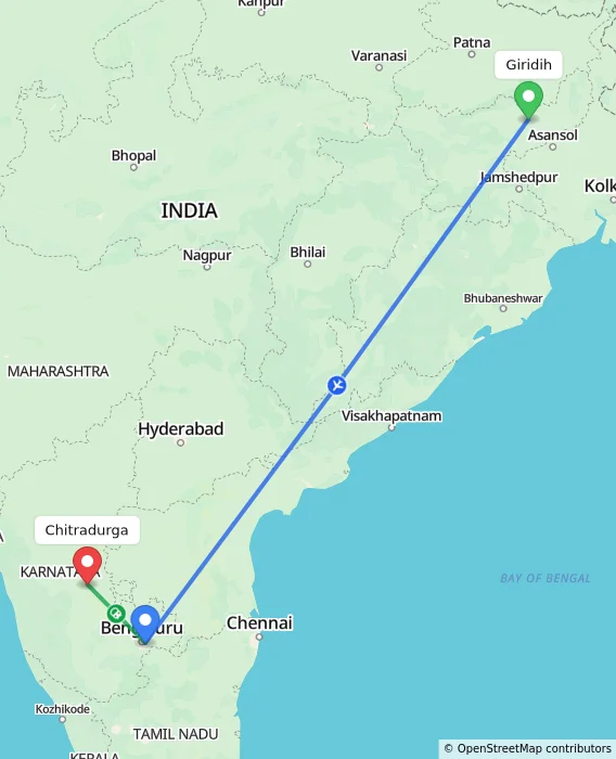 Route map showing distance and travel time from Giridih, India to Chitradurga, India