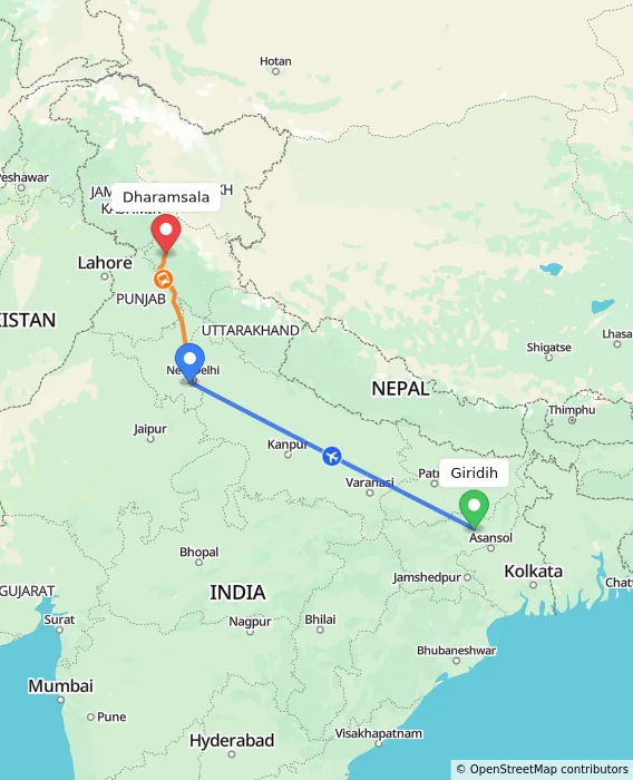 Route map showing distance and travel time from Giridih, India to Dharamsala, India