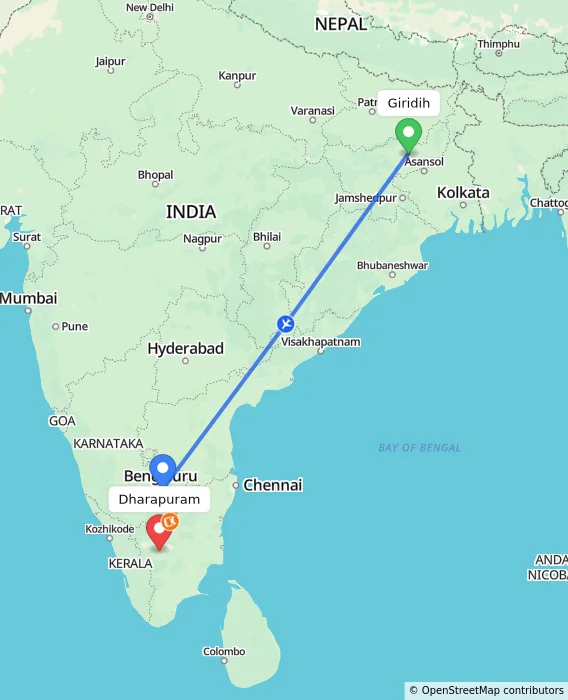 Route map showing distance and travel time from Giridih, India to Dharapuram, India