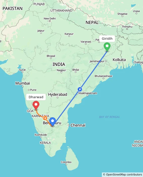 Route map showing distance and travel time from Giridih, India to Dharwad, India
