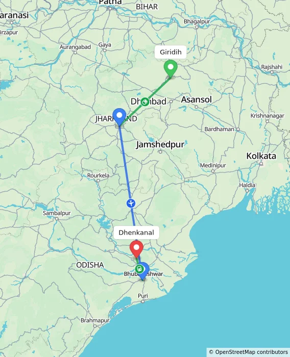 Route map showing distance and travel time from Giridih, India to Dhenkanal, India
