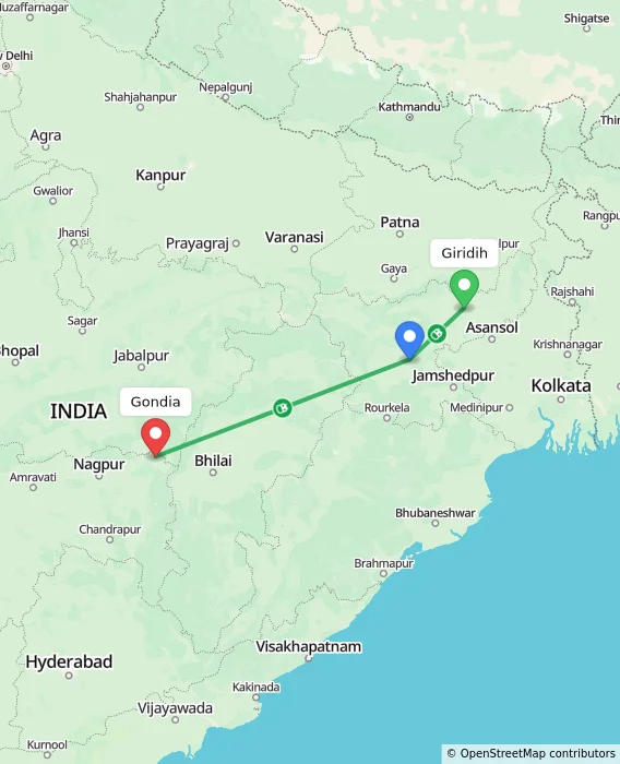 Route map showing distance and travel time from Giridih, India to Gondia, India