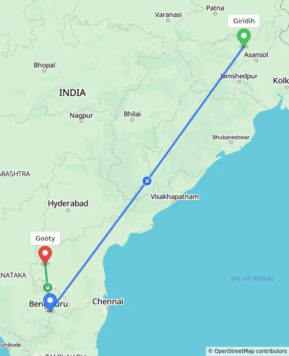 Route map showing distance and travel time from Giridih, India to Gooty, India