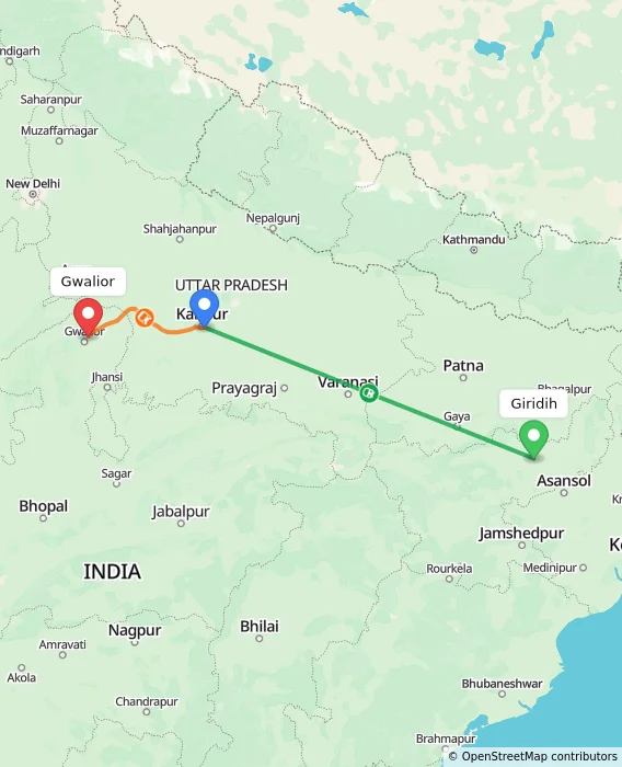 Route map showing distance and travel time from Giridih, India to Gwalior, India