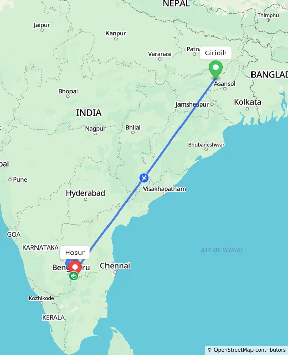 Route map showing distance and travel time from Giridih, India to Hosur, India