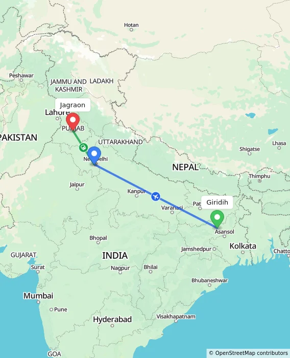 Route map showing distance and travel time from Giridih, India to Jagraon, India
