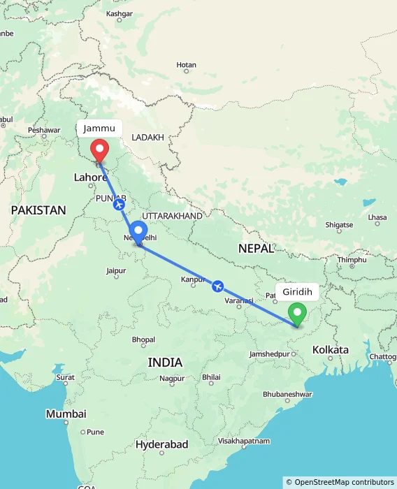 Route map showing distance and travel time from Giridih, India to Jammu, India