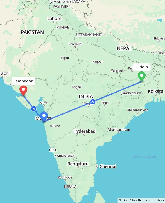 Route map showing distance and travel time from Giridih, India to Jamnagar, India