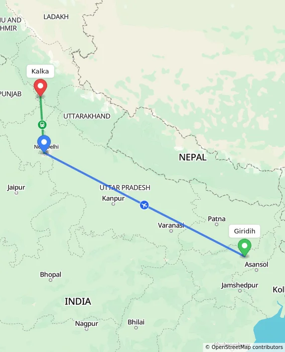 Route map showing distance and travel time from Giridih, India to Kalka, India